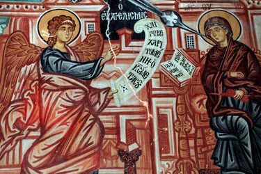 Byzantinisches Fresko aus dem 15. Jahrhundert Die Verkündigung an die Heilige Jungfrau Maria Wandmalerei Michael-Archangel-Kirche in Pedoulas Zypern Bemalte Kirchen UNESCO-Stätte Troodos, Zypern